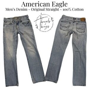 American Eagle Jeans Mens 30 Light Wash Blue Denim Original Straight 100% Cotton